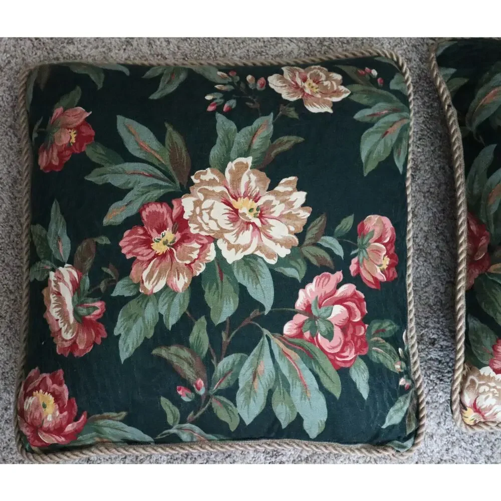 SET of 2 Vintage Green Pink Floral Pillows LARGE Cord edge Square Cottagecore